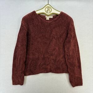 RELAIS Anthropologie Red Cropped Nubby Crew Neck Knit Pullover Sweater